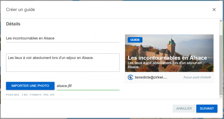 Fenêtre rempli pour créer un guide sur Storyguide