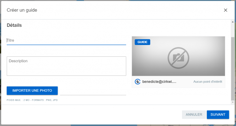 Fenetre à remplir pour créer un guide sur Storyguide