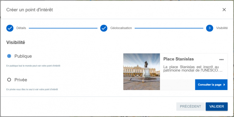 fenetre indiquant comment créer un POI avec la visibilité publique ou non dans Storyguide